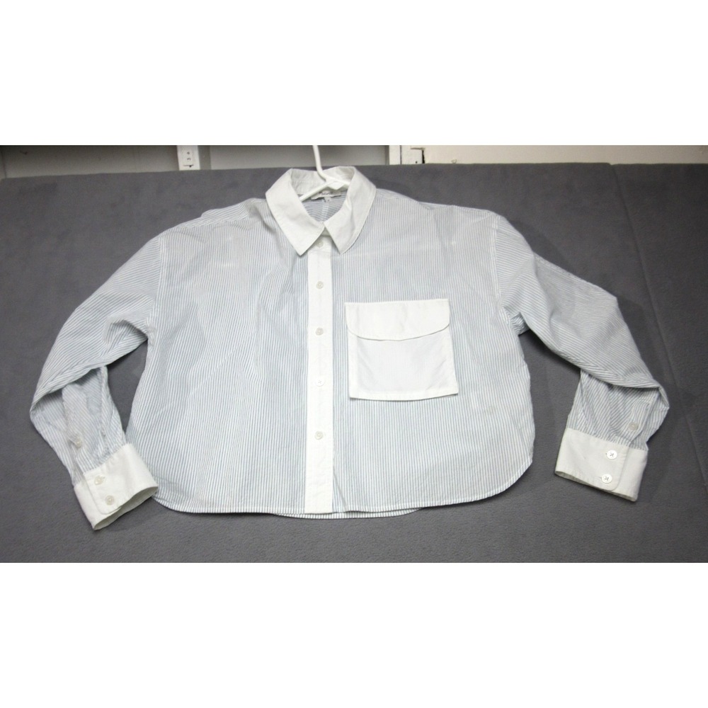 Madewell Shirt Womens Medium Blue White Striped Flap Pocket Cropped Button Up